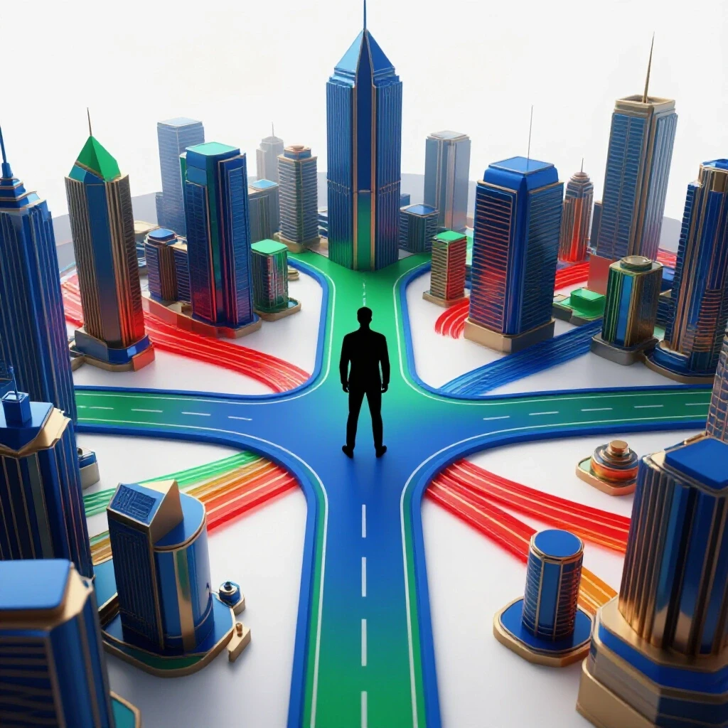 Confident figure stands at a vibrant crossroads with curving paths merging toward a glowing tech city skyline.