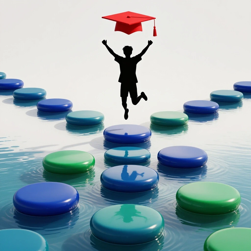 Student silhouette leaps across colorful stepping stones toward a graduation cap with bright summer lighting