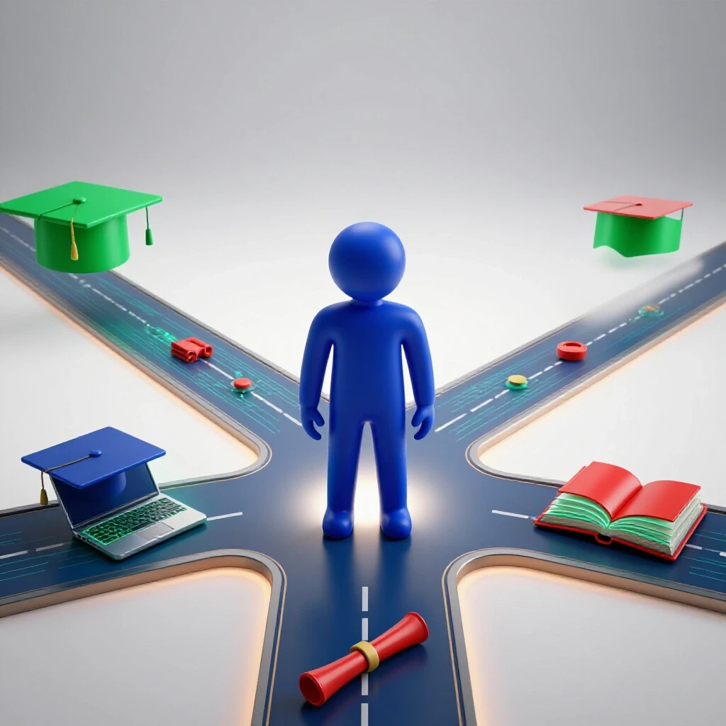 A confident digital figure at a bright crossroads, one path leading to a glowing laptop with academic symbols, the other fading away, highlighting online education choice.