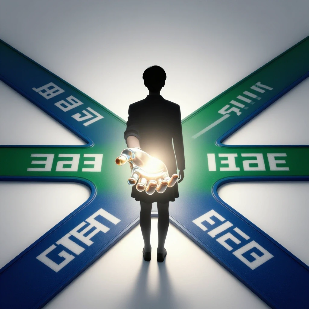 A student silhouette stands centered at a bright crossroads, one path guided by a glowing hand of light, the other dimmer.