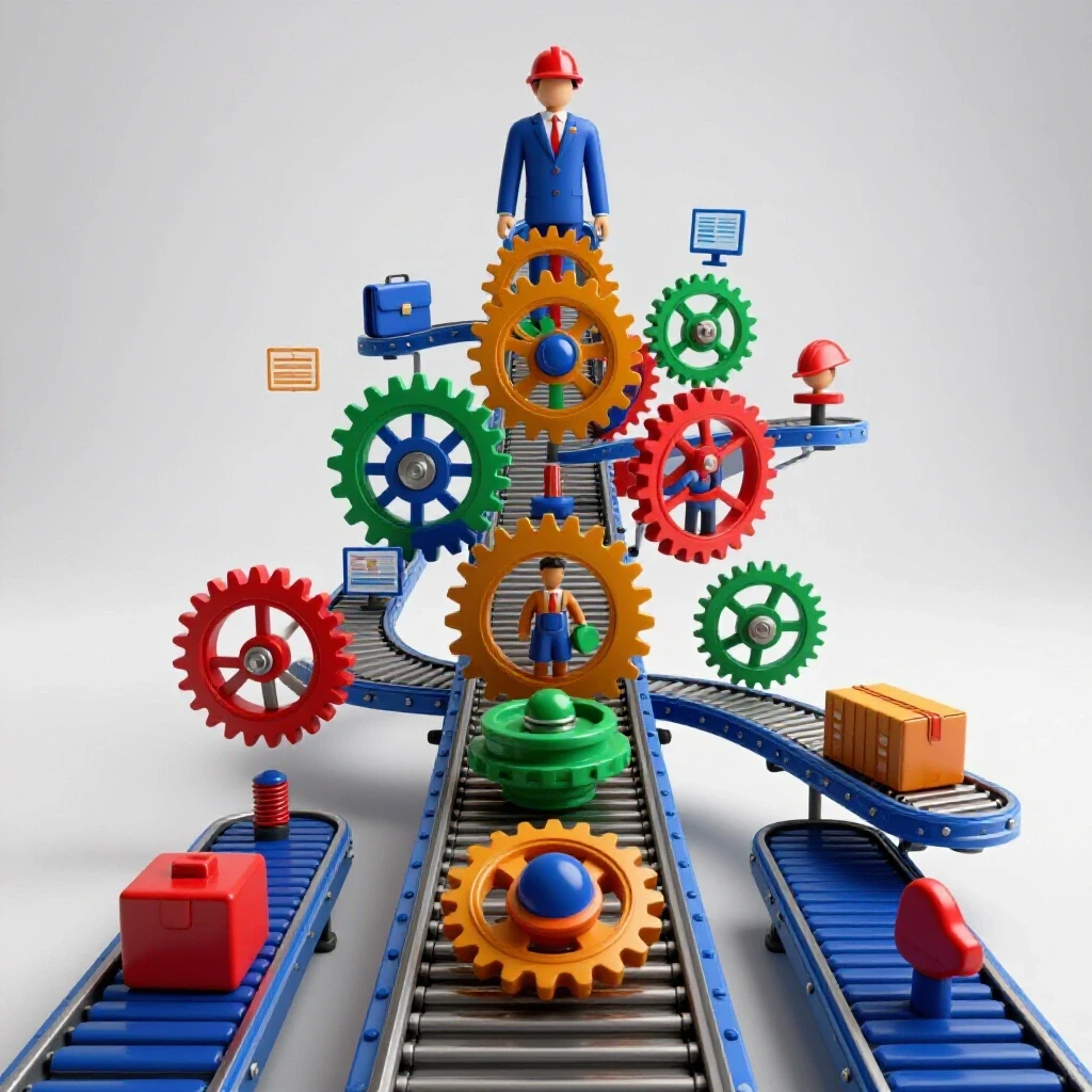 Dynamic upward path of colorful gears and conveyor belts with career-related icons ascending on a bright background.