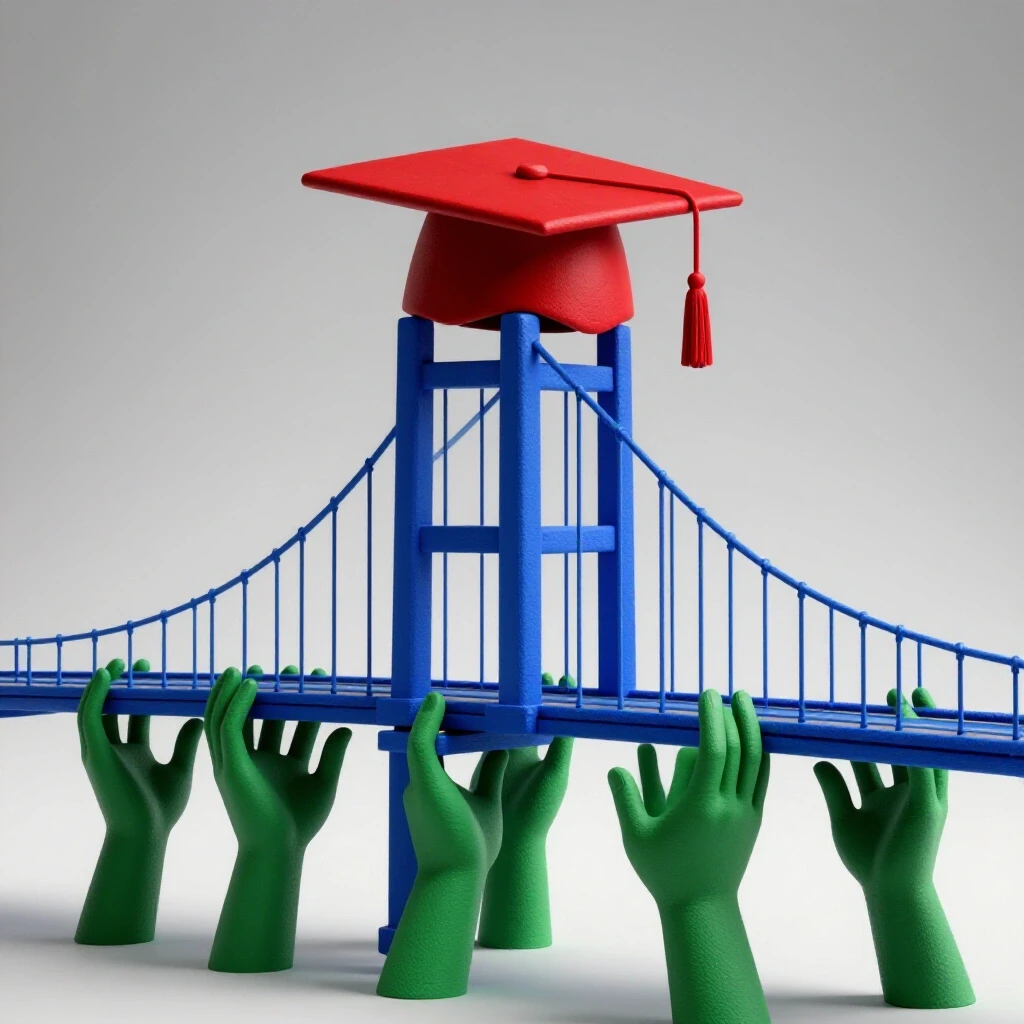 A symbolic graduation cap balances on a precarious bridge, supported from below by strong uplifting hands.