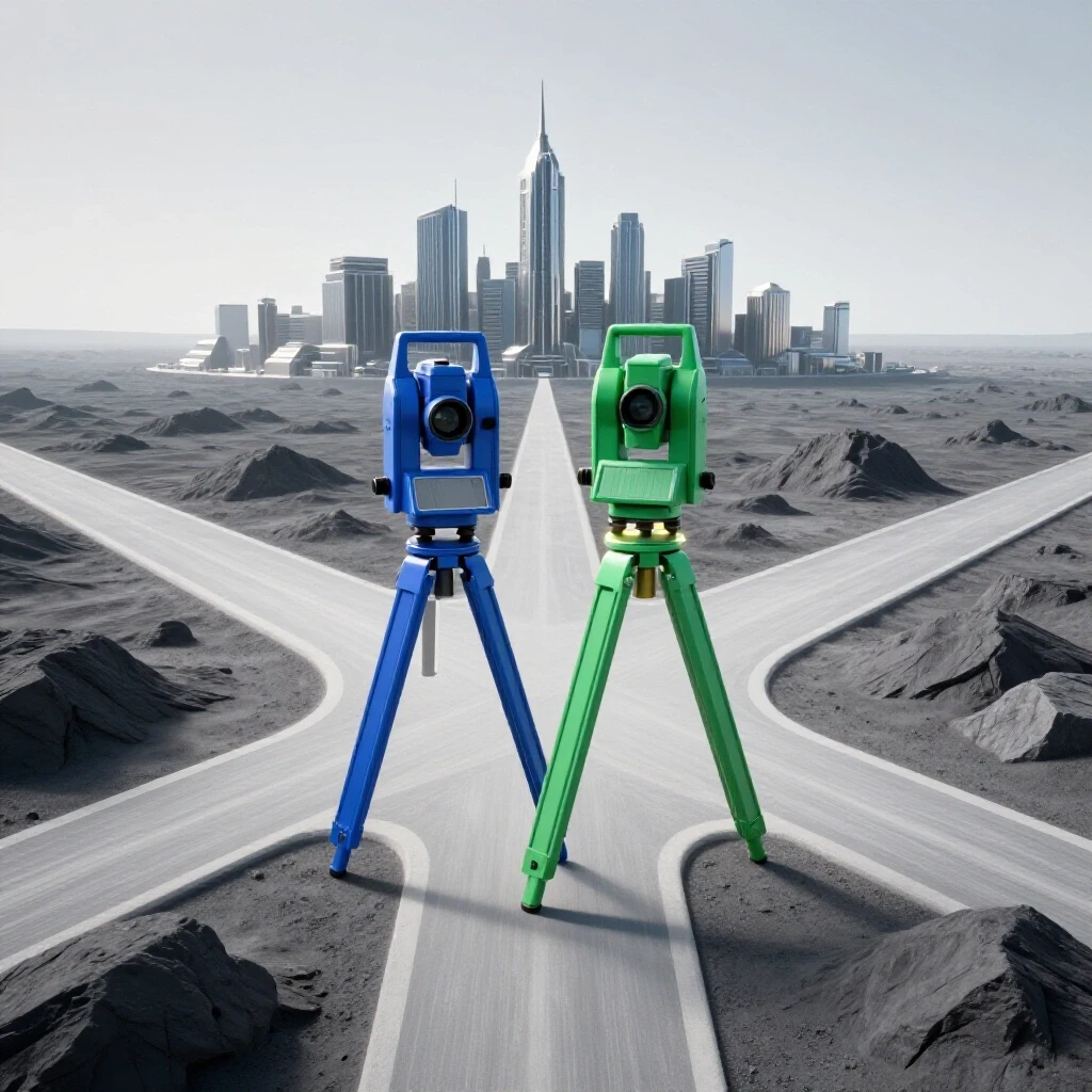 A crossroads with vivid surveying instruments, one path leading to a futuristic city, the other to rugged terrain under bright studio lighting.
