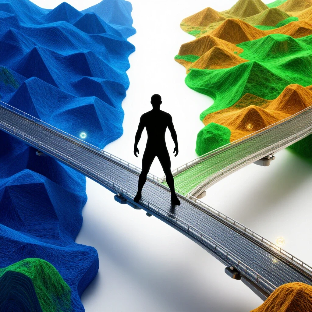 Central figure crosses a vibrant 3D bridge between contrasting colored landscapes symbolizing career change