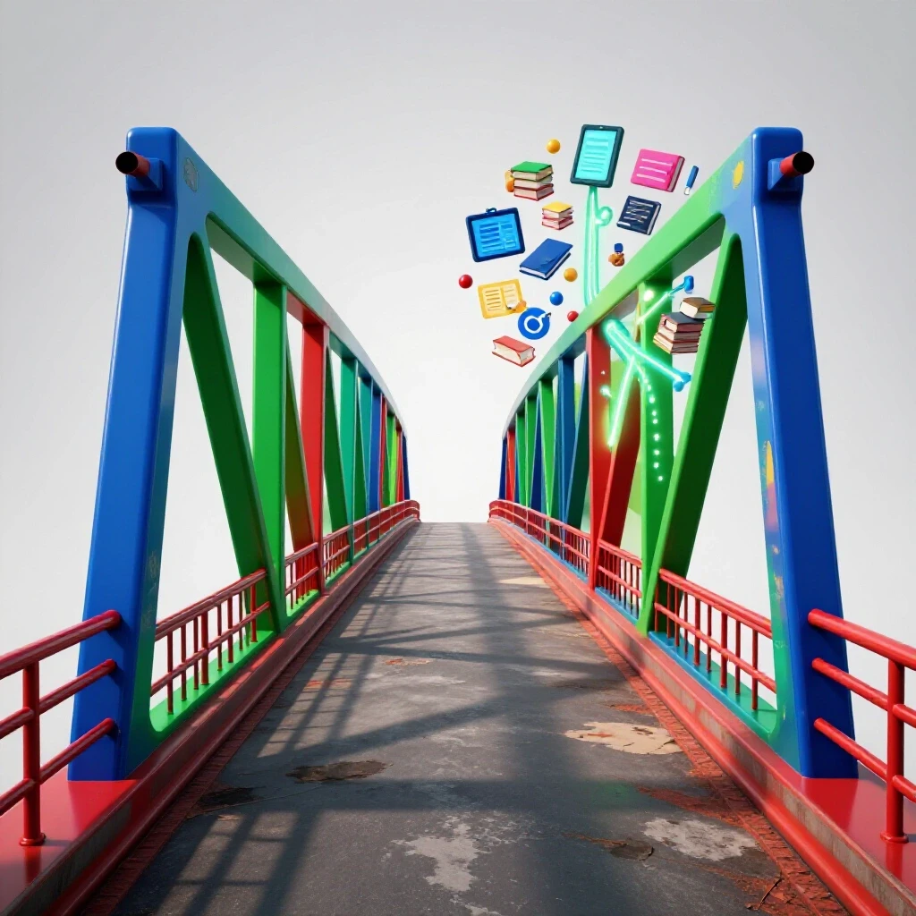A vibrant illuminated bridge connects a shadowy old path to a dynamic landscape filled with diverse learning symbols.