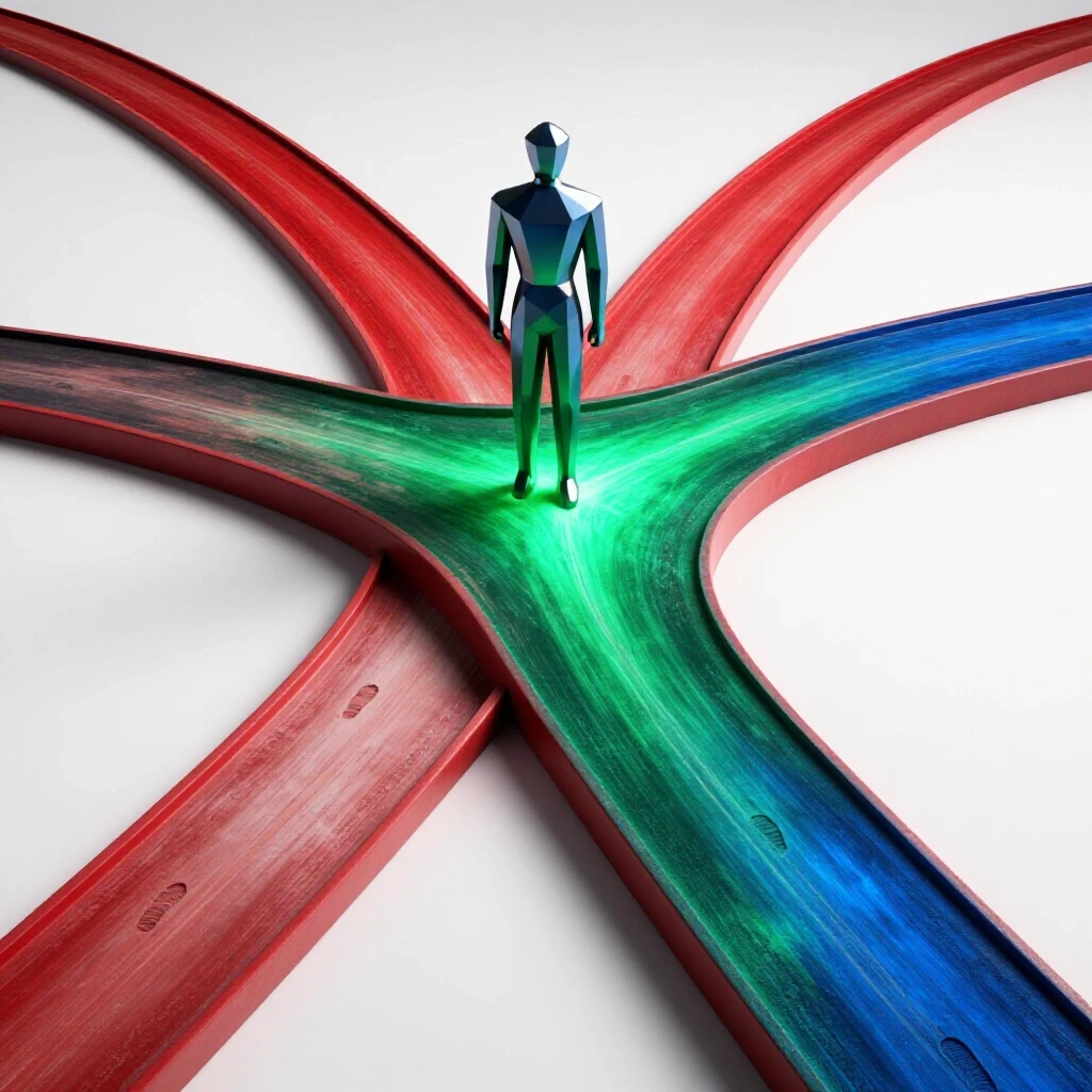 Crossroads scene with two diverging colored paths, one faded and one glowing, with a confident geometric figure at the center signifying career change.