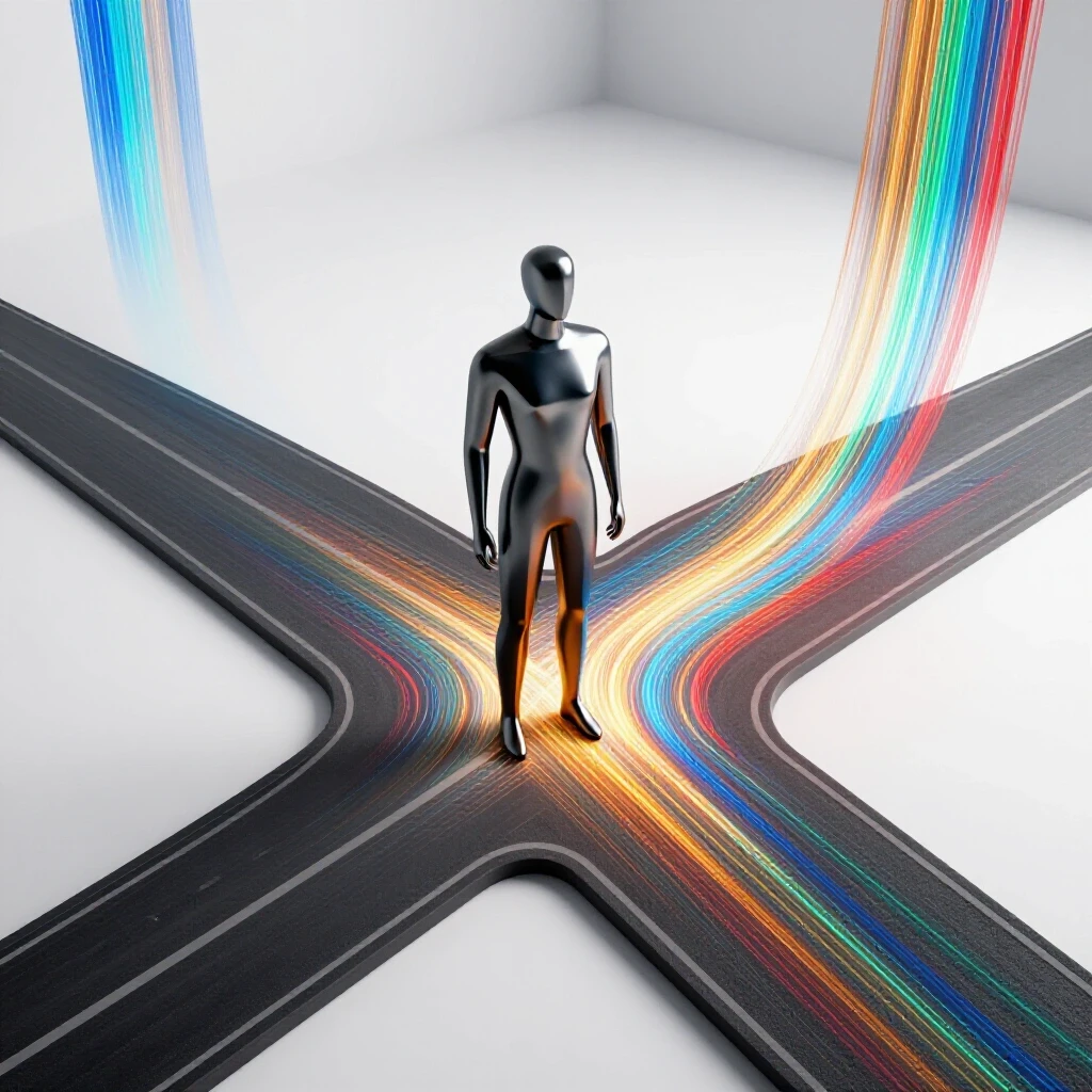 Abstract crossroads with one vibrant, data-illuminated path and a metallic figure choosing the new direction.
