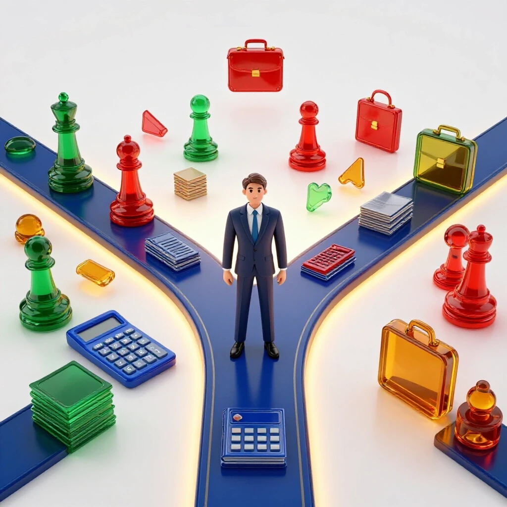 Confident professional at a forked path with accounting symbols on one side, vibrant career icons on the other, glowing bright background.
