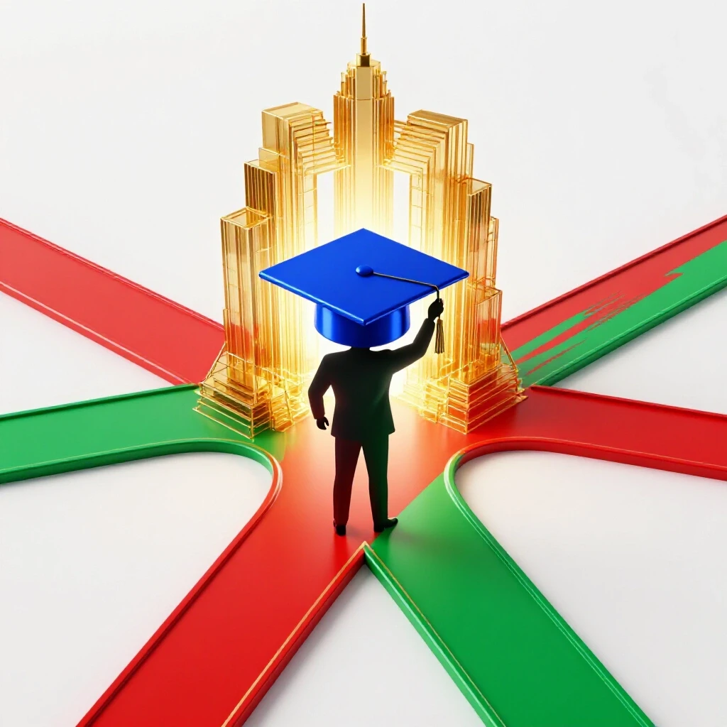 A professional figure at a crossroads holds a graduation cap, facing diverging career paths in bold colors.