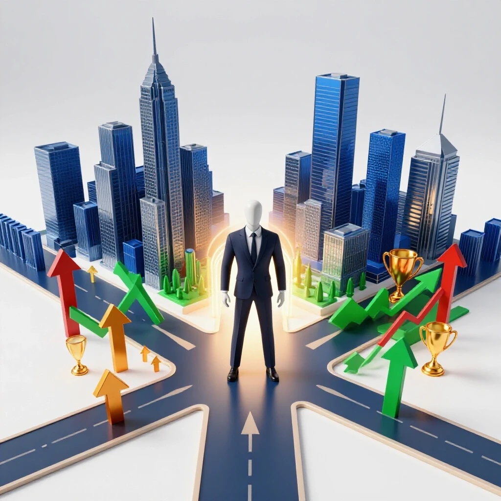A faceless figure stands at a crossroads between a gleaming cityscape and a vibrant landscape, symbolizing career transformation and choice.