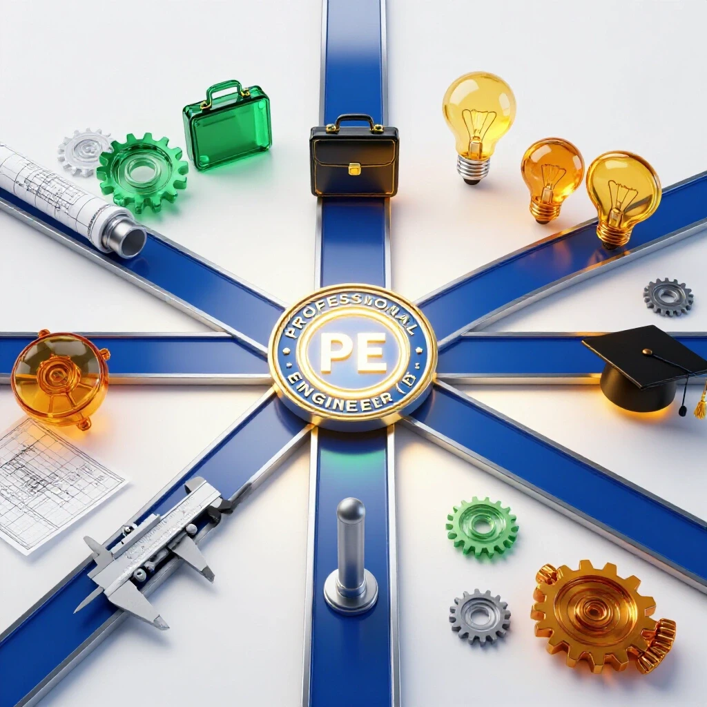 A crossroads with engineering tools leading to diverse career symbols, illuminated by a glowing PE seal.