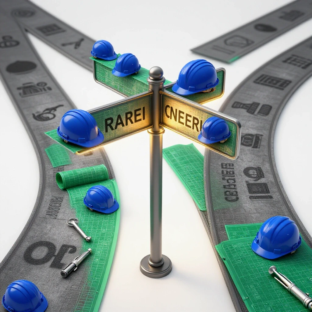 Glossy signpost at a crossroads, one path lined with vivid construction helmets and blueprints, glowing with opportunity, another path fading to represent career change.