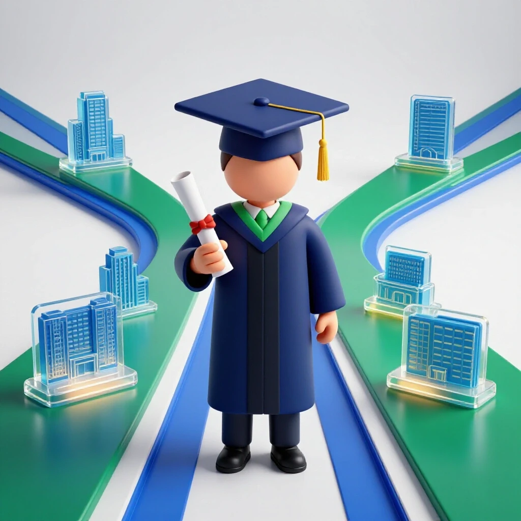 A graduate's diploma and cap at a crossroads with two vivid career pathways leading to modern workplaces.