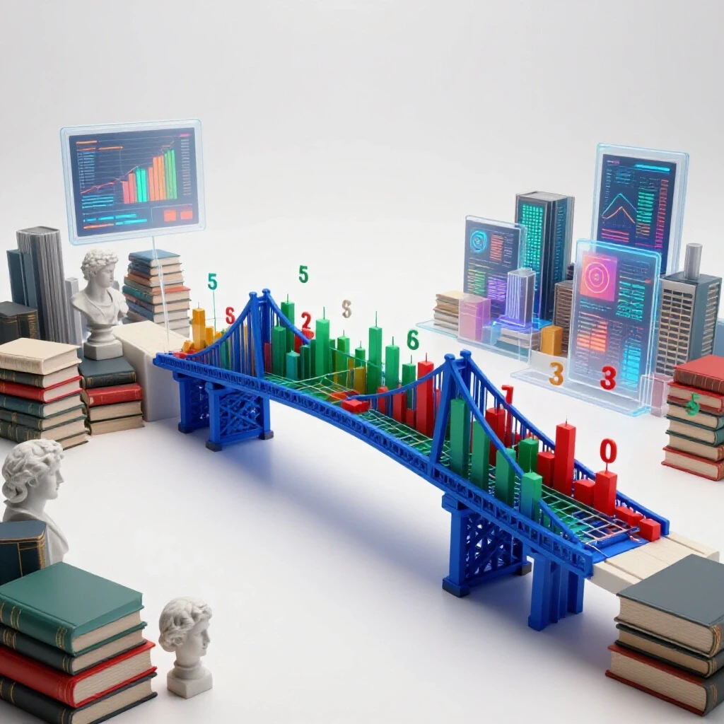 A dynamic bridge of colorful data graphs connects classic books and sculptures to a futuristic digital cityscape.