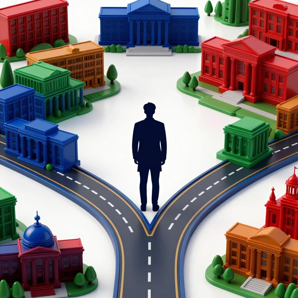 Forked academic pathway with vibrant campus landmarks symbolizing choice between two master's programs.
