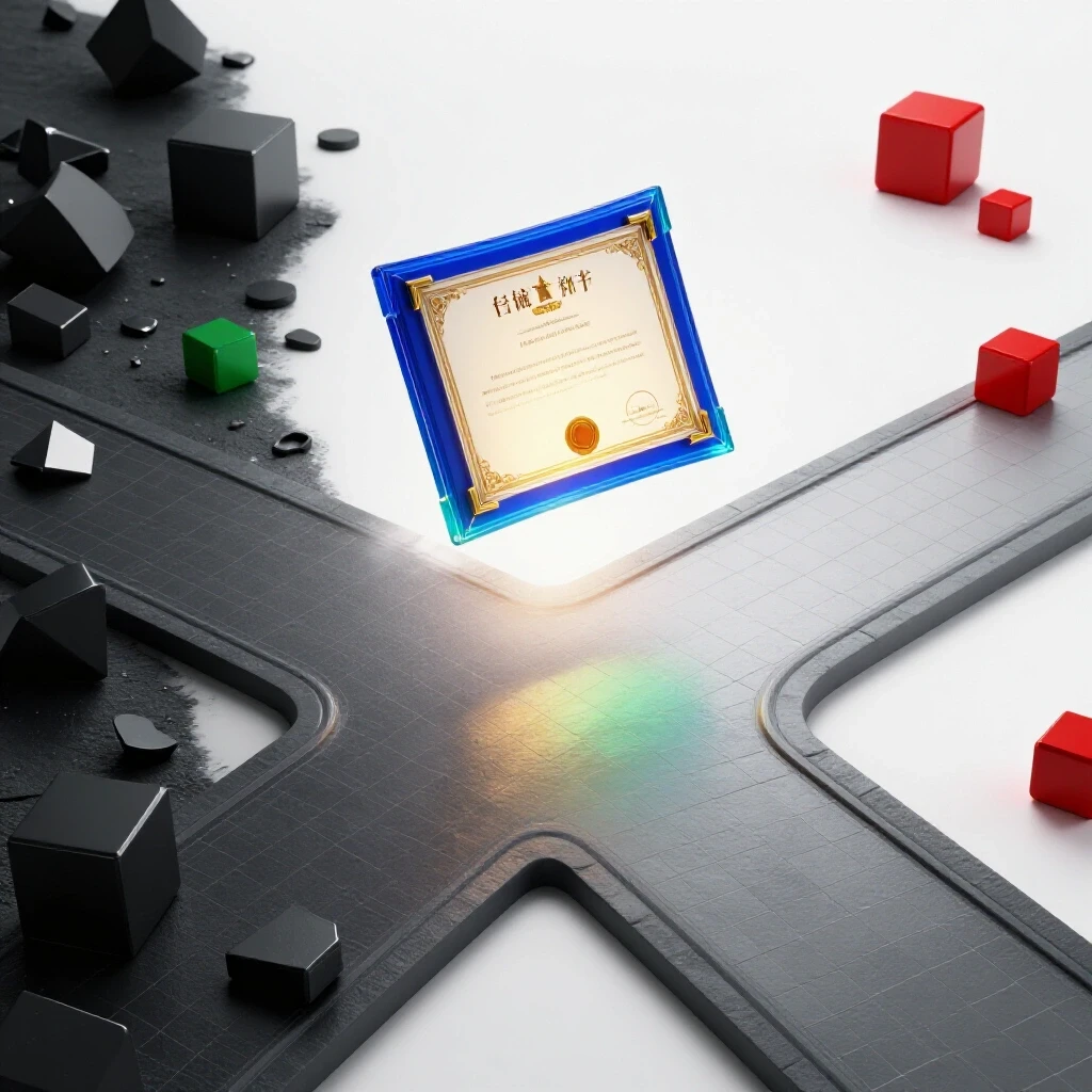 A glowing certificate at a crossroads, one path cluttered and shadowy, the other brightly lit and clear.