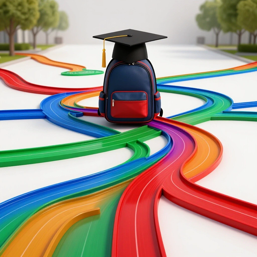 A student backpack and graduation cap placed on intertwining, colorful pathways in a bright campus setting.
