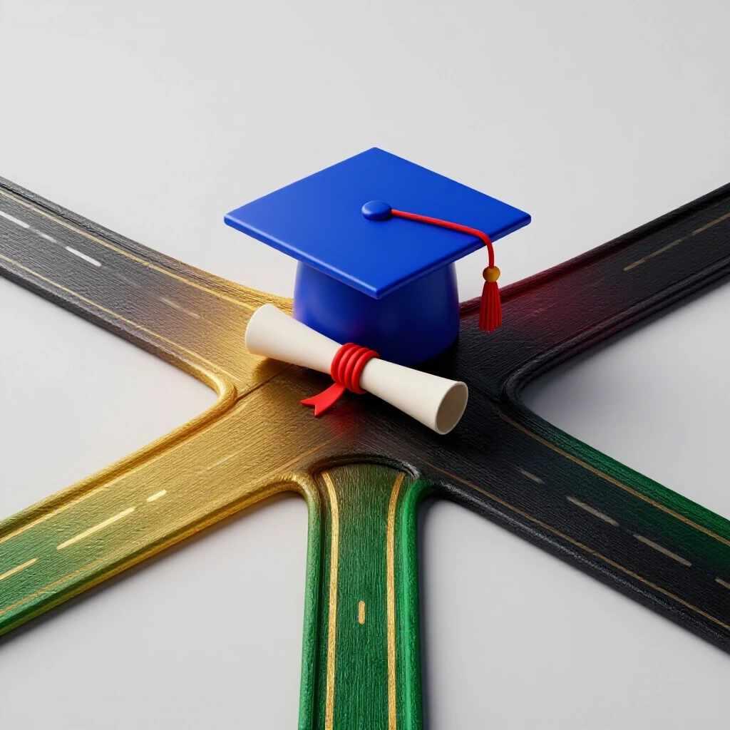 Glossy graduation cap and diploma at a colorful crossroads, one path brightly lit and another shadowed.