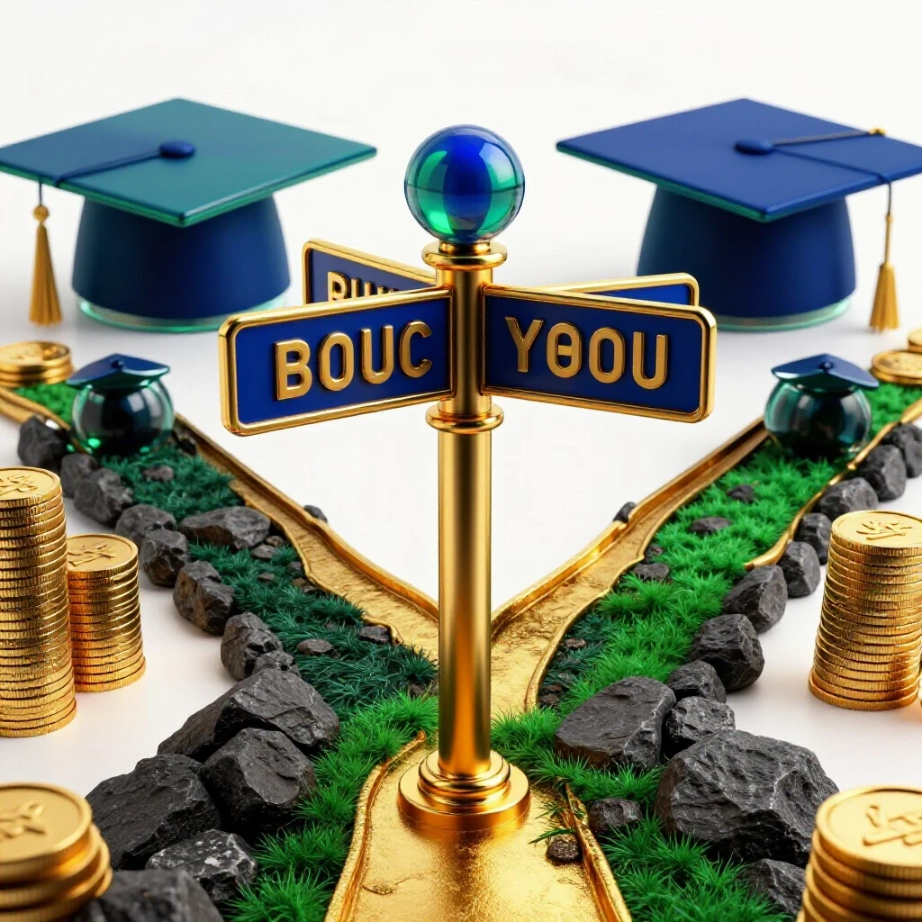 Diverging glossy paths at a crossroads sign, leading toward graduation caps and gold coins on a luminous white background.