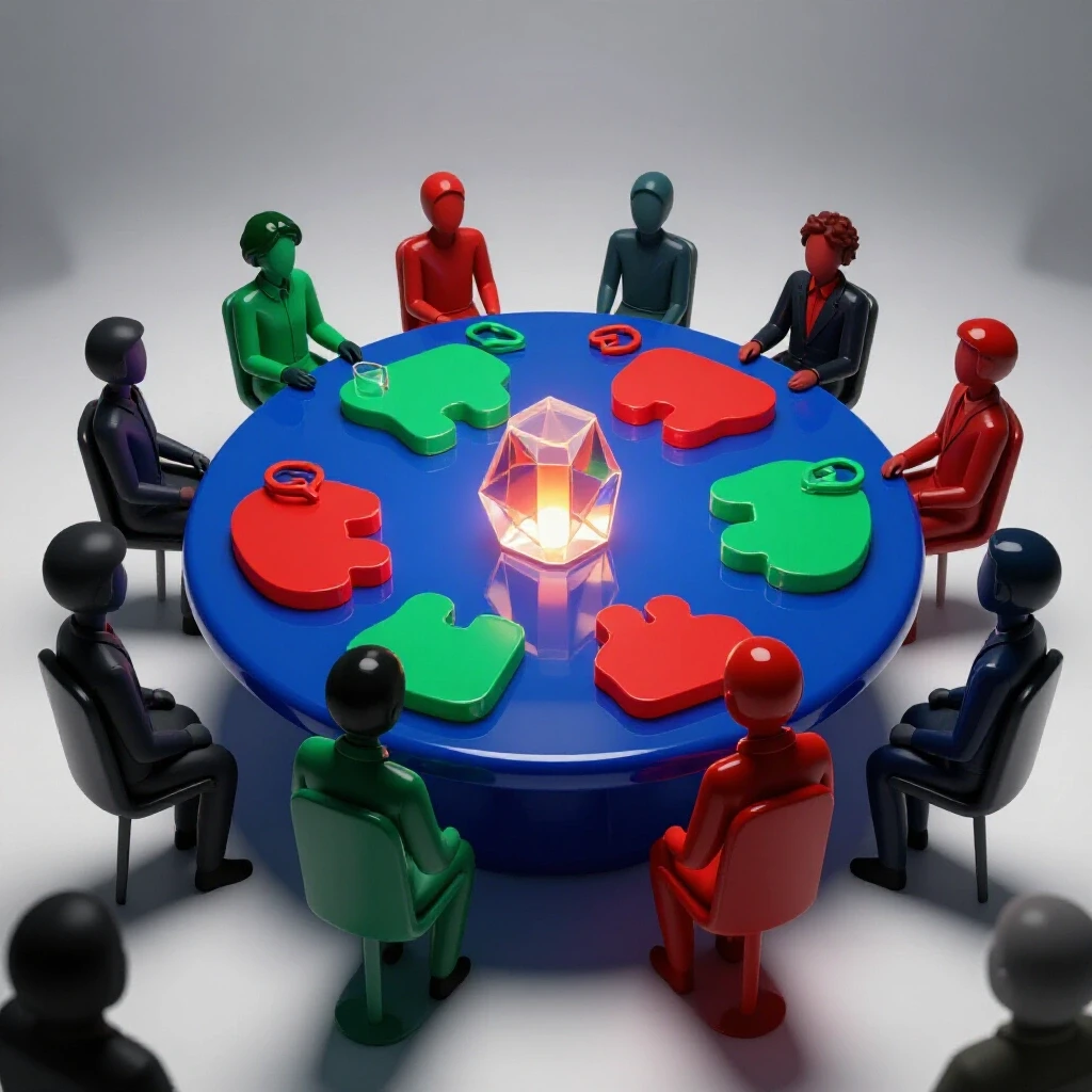 Glossy, colorful geometric shapes gather around a radiant central table, surrounded by shadowy observer forms