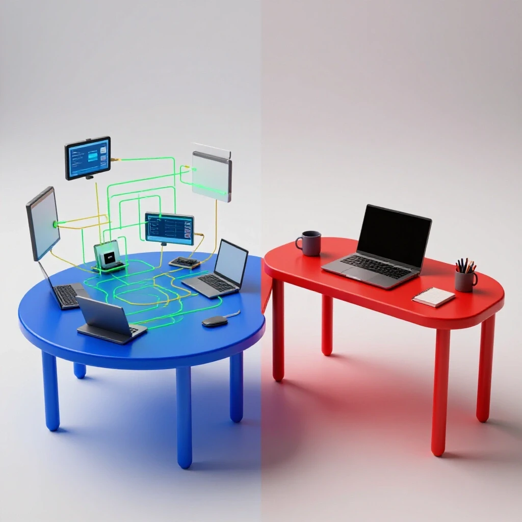 Dynamic split scene showing virtual group collaboration with shared devices versus solitary study desk, bathed in bright light.