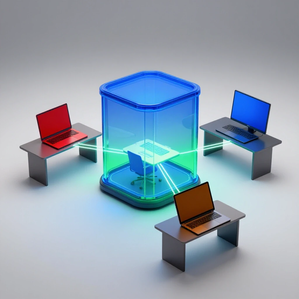 Multiple home workspaces with colorful digital devices connected by glowing lines to a central virtual classroom pod.