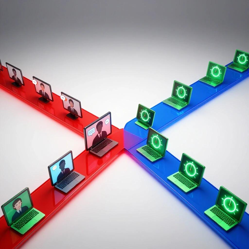 Two contrasting 3D communication pathways diverge: one features live interactive screens, the other shows asynchronous devices with clock and day-night icons.