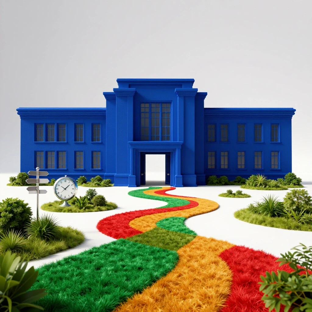 A bright academic building with open doors and colorful pathways leading into a sunlit, vibrant landscape filled with symbols of new opportunities.