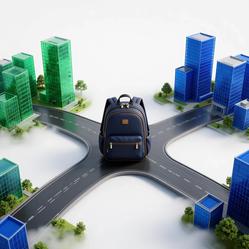 Glossy 3D crossroads with a student backpack, one path fading to mist, another toward a bright campus.