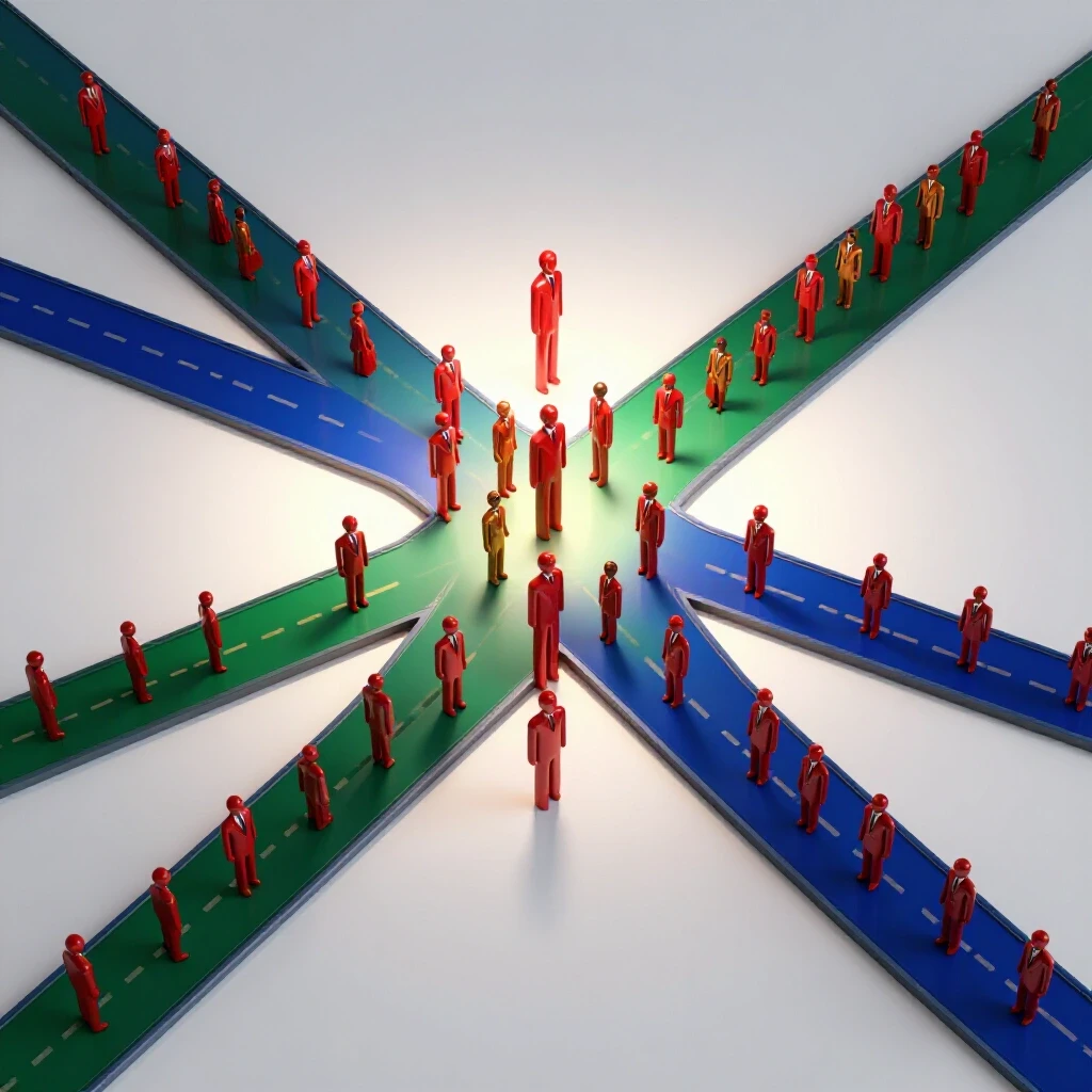 Brightly spotlighted crossroads with abstract colored figures symbolizing talent selection and career advancement