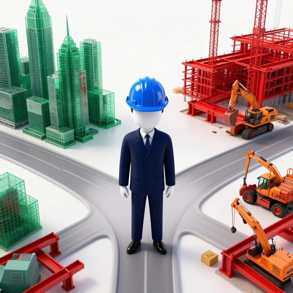 A central crossroads features a graduate in a hard hat between a city skyline and a construction site under bright lighting.