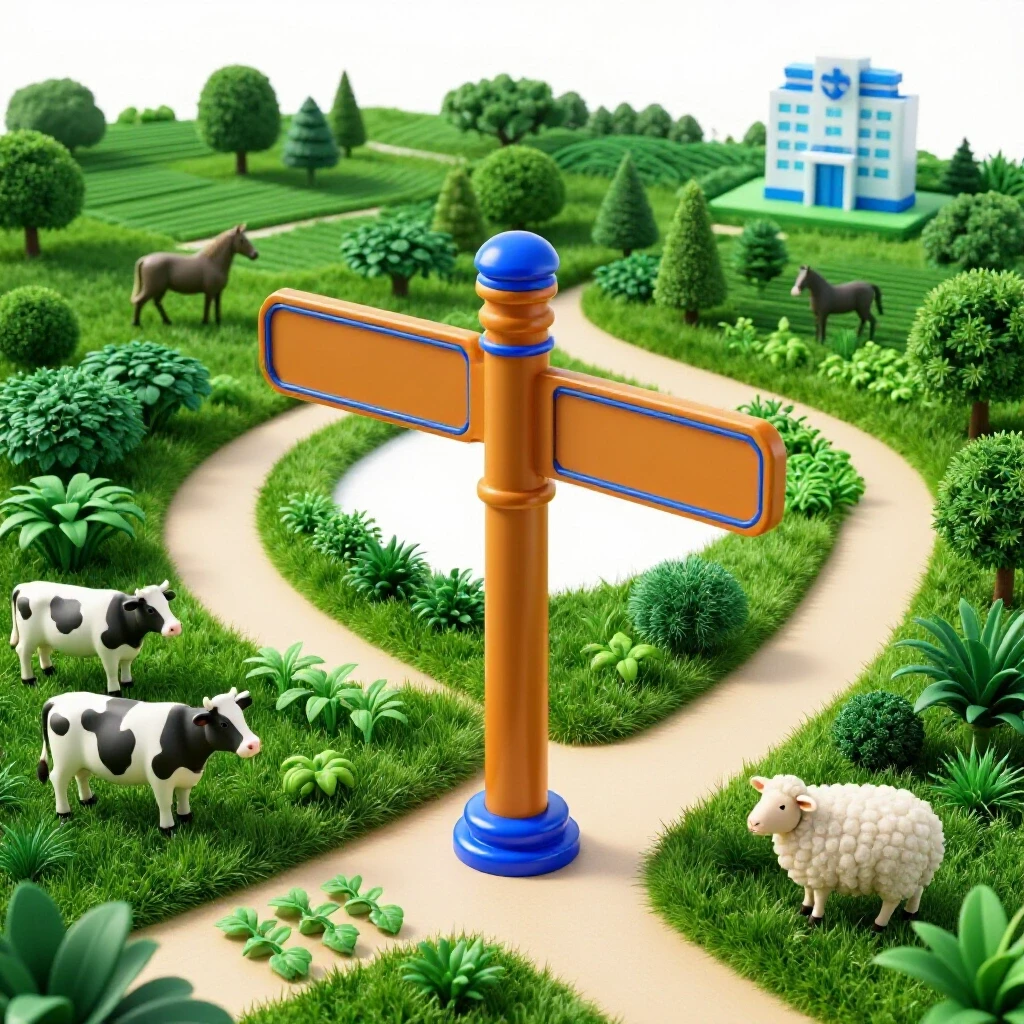 Signpost at crossroads with lush farm animals and path leading toward a distant veterinary clinic