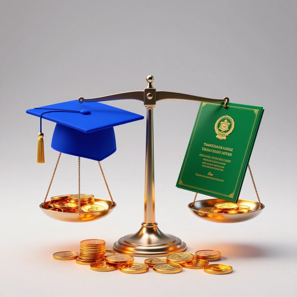 Split scene of a balance scale holding a graduation cap and certificate, glowing coins beneath both sides, on a luminous white background.