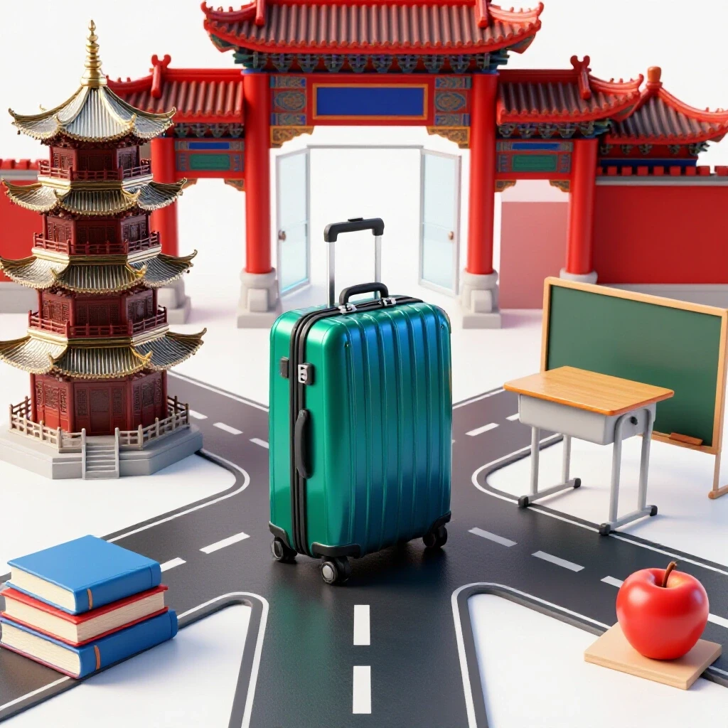 Colorful suitcase and school desk stand at crossroads between Chinese landmarks and classroom icons, with an open door glowing in the background.