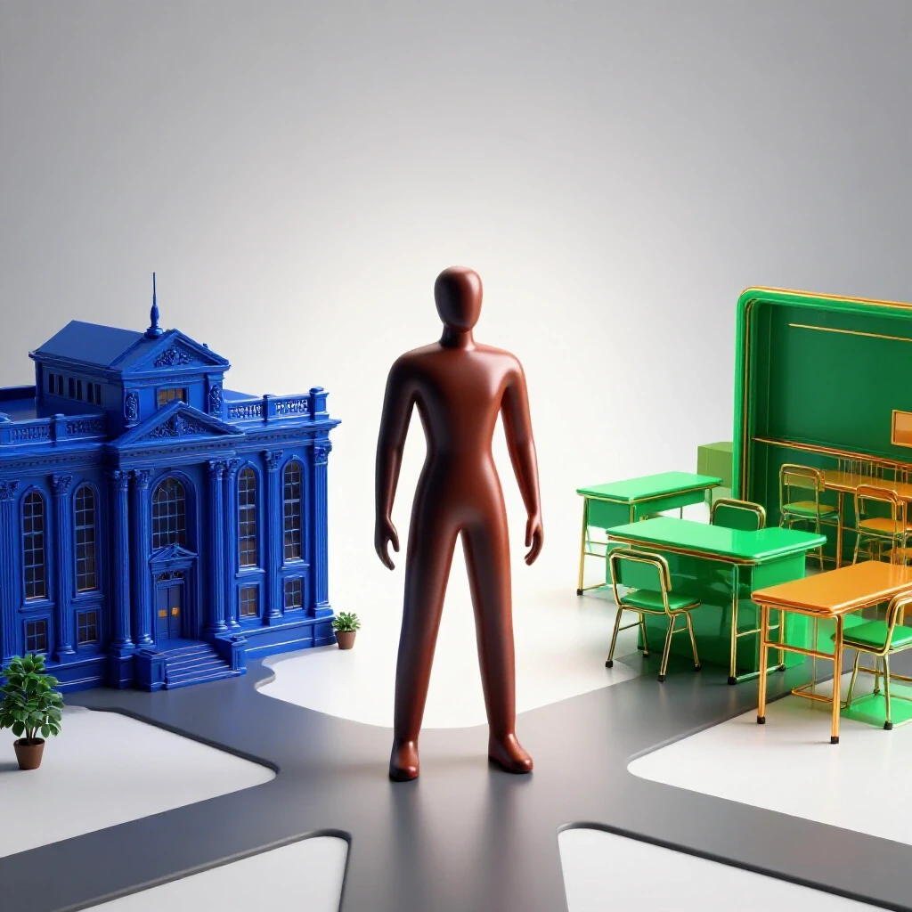 A confident figure at a crossroads between a grand university building and a modern classroom in vibrant colors.