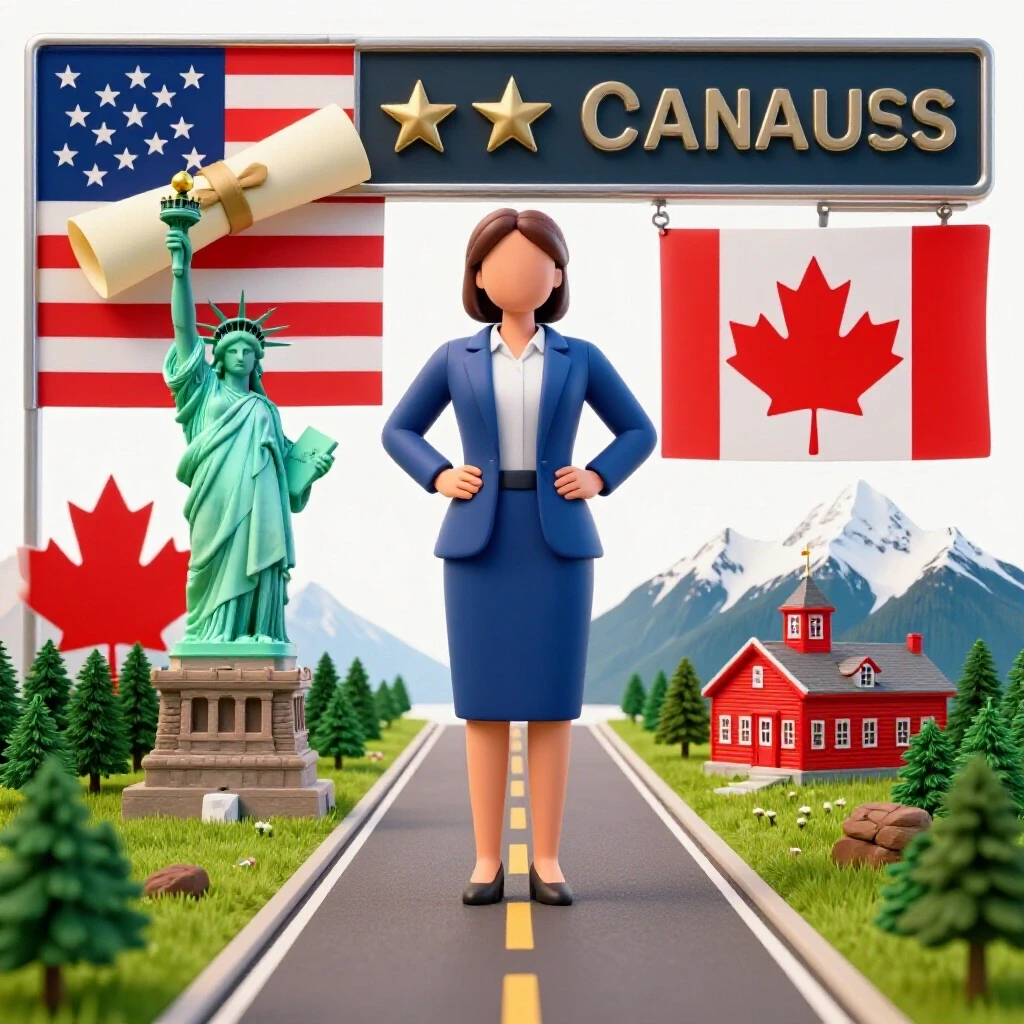 Symbolic teacher figure at a US-Canada border crossing holding a diploma, with iconic national symbols.