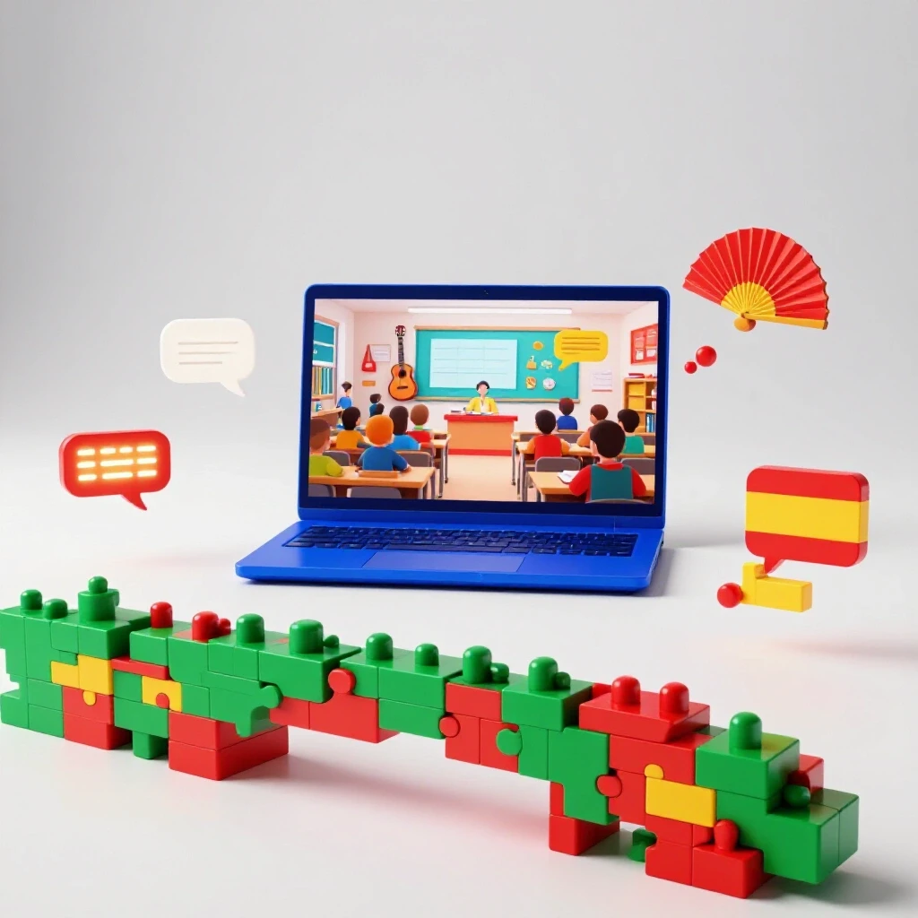 Laptop with colorful Spanish icons and puzzle-piece bridge linking practical language skills to online teaching.
