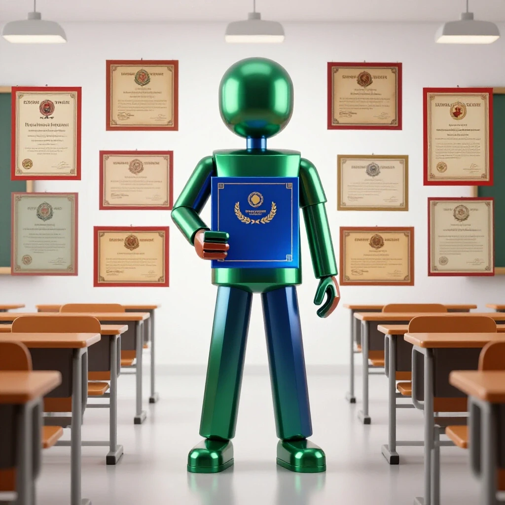 A confident figure in a modern classroom holds a glowing blue certificate while faded diplomas recede in the background.