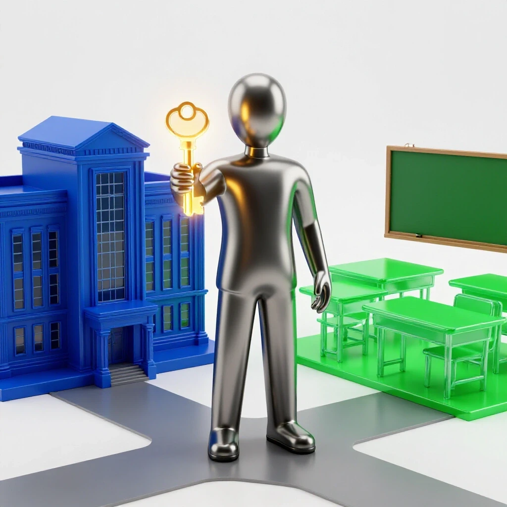 Confident figure holds a glowing key at a crossroads between a formal academic building and vibrant classroom.