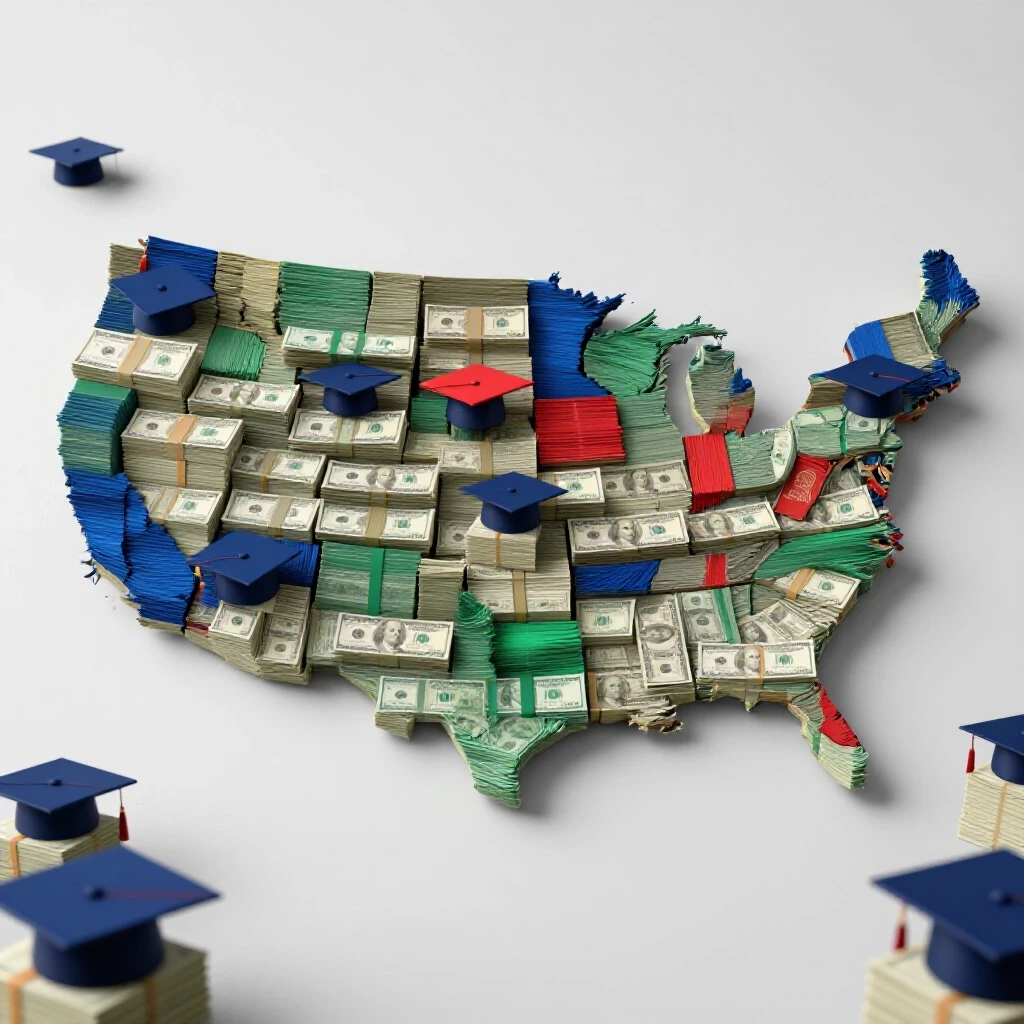 Silhouette of the US map formed by vibrant graduation caps and stacks of cash, with spotlighted regions suggesting pay disparities.