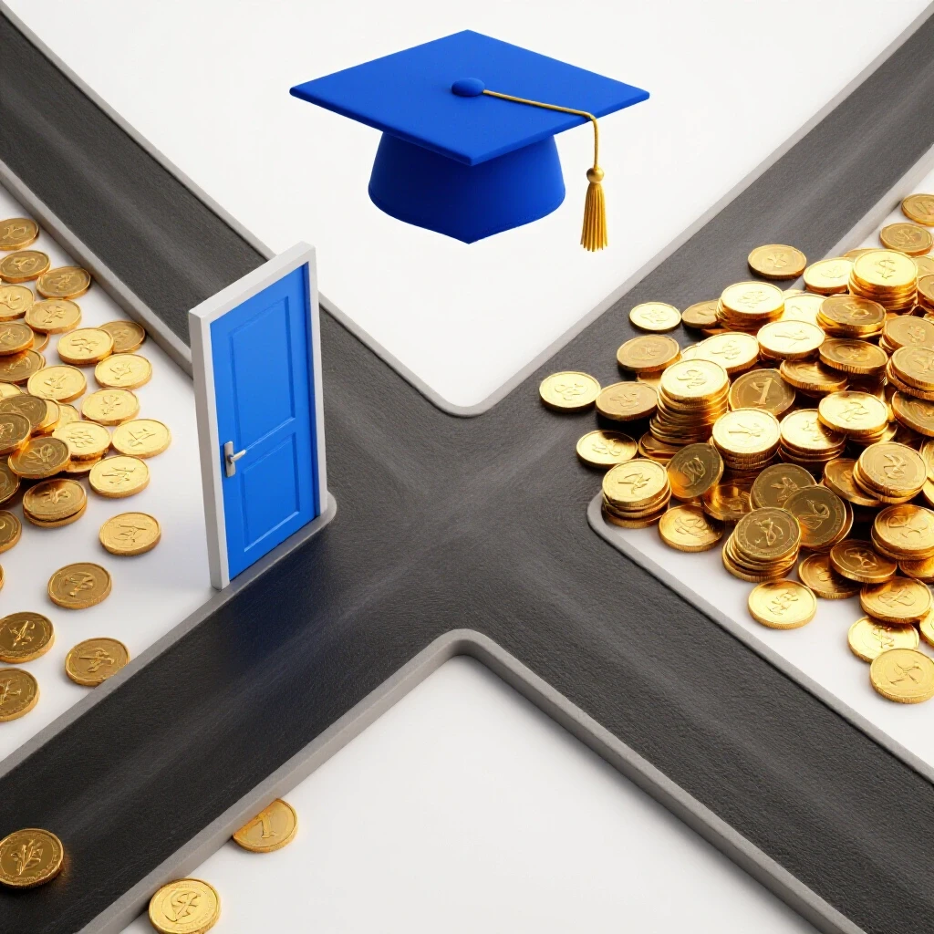 A crossroads scene showing a classroom door on one path, a pile of golden coins on another, and a graduation cap hovering at the center.