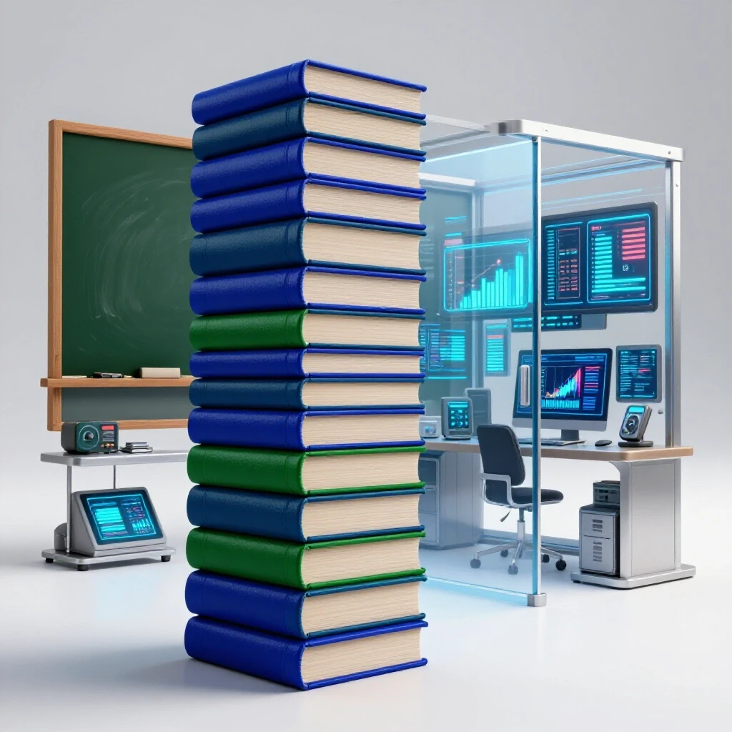 Stack of colorful books and a chalkboard blending into a sleek workspace with glowing data charts and tools.