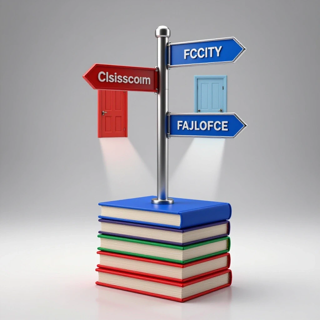 Stack of colorful books at a crossroads between a classroom and faculty office, symbolizing transition to a teaching assistant role.