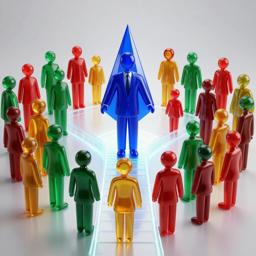A confident mentor form leads vibrant shapes of aspiring teachers across a glowing bridge toward a bright horizon.
