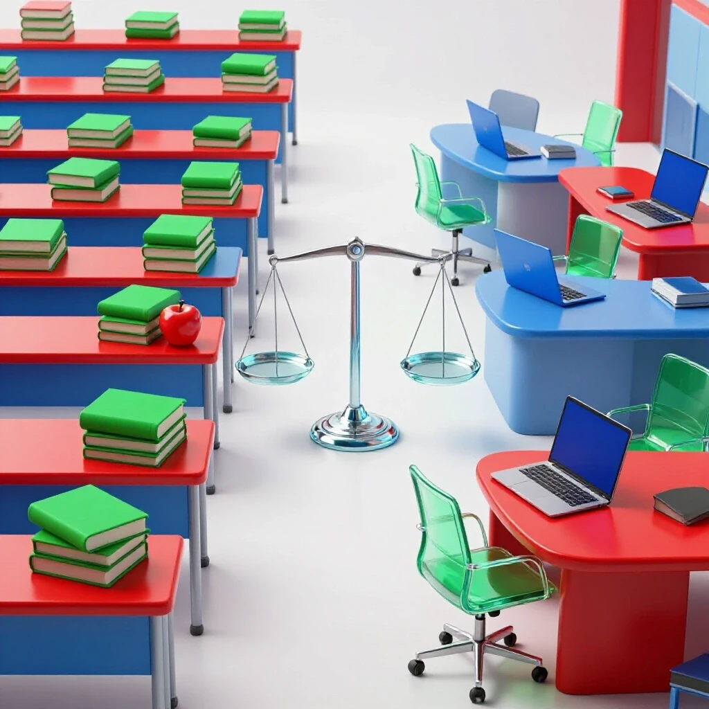 Split scene showing a vibrant classroom on one side, modern office on the other, joined by a central balancing scale symbolizing career choices.