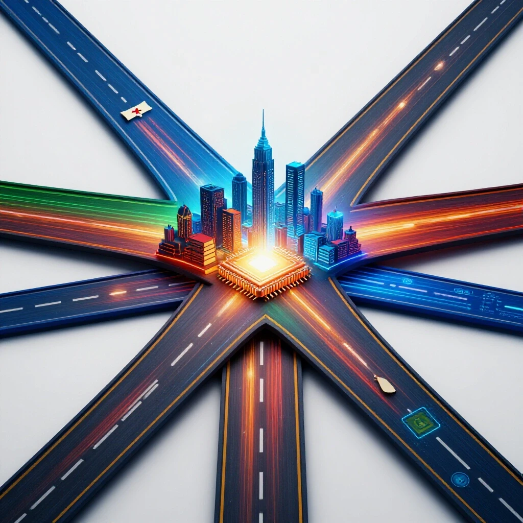Vibrant circuit pathways converge at a crossroads leading toward a glowing futuristic city skyline.