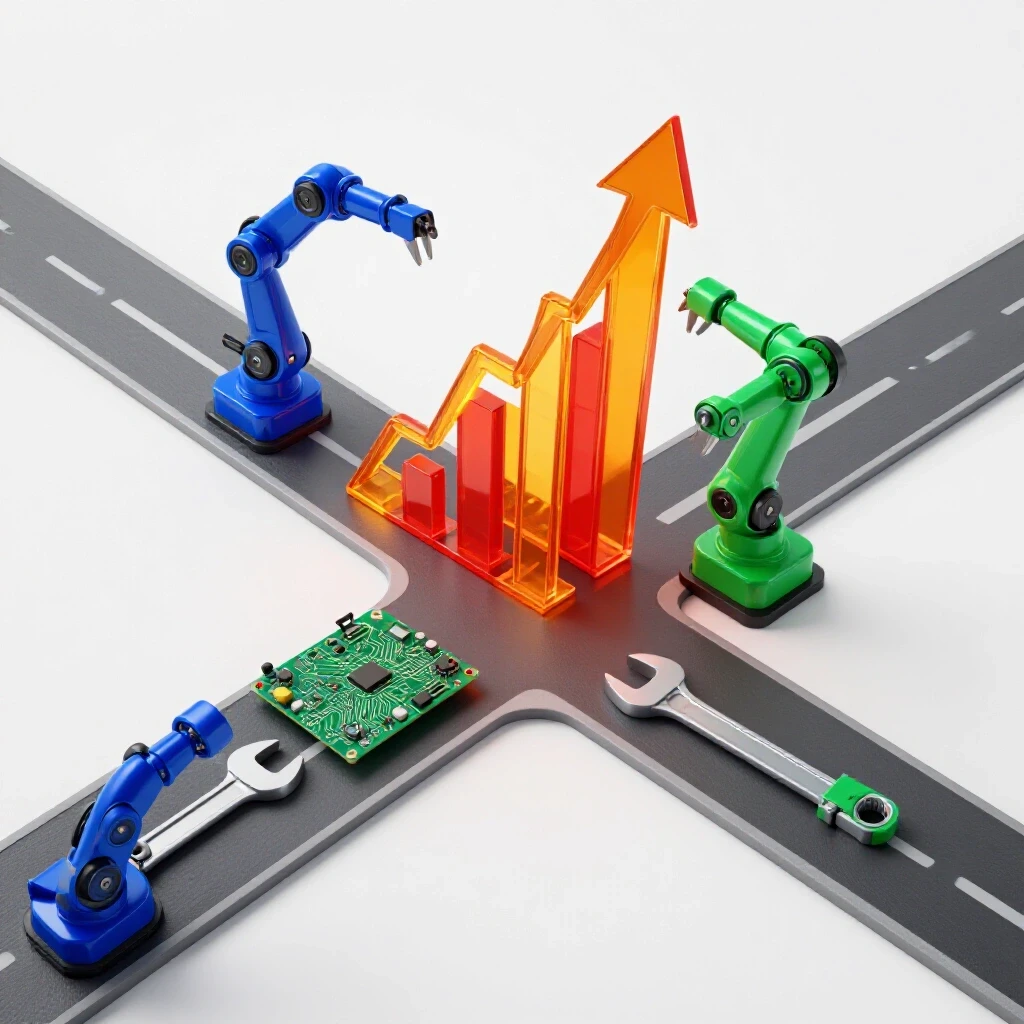 A bright crossroads features tech tools on one side and rising graphs on the other, symbolizing technical education pathways.
