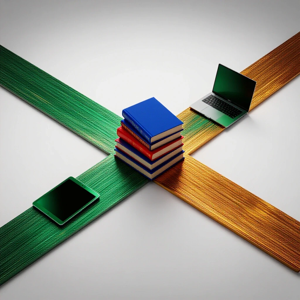 A crossroads with stacked vibrant books on one path and glowing digital devices on the other, set on a bright background.