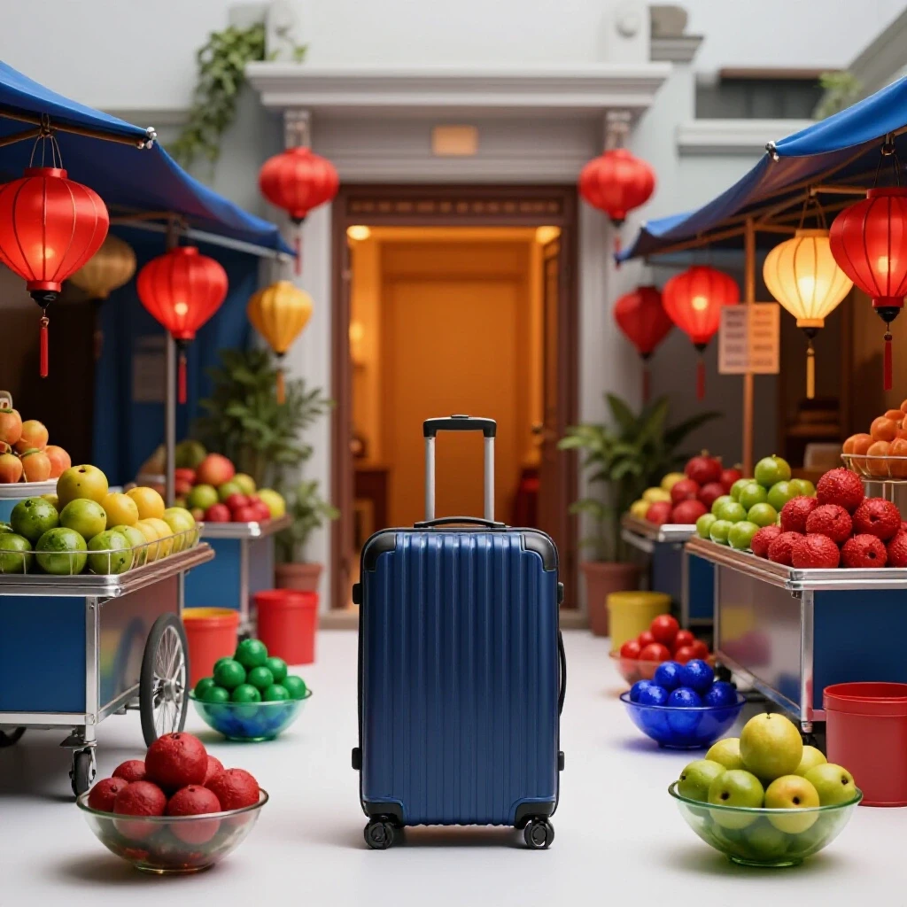 A vibrant, colorful Vietnamese market scene with a suitcase and a glowing secret doorway in the background, symbolizing hidden job opportunities for TEFL teachers.