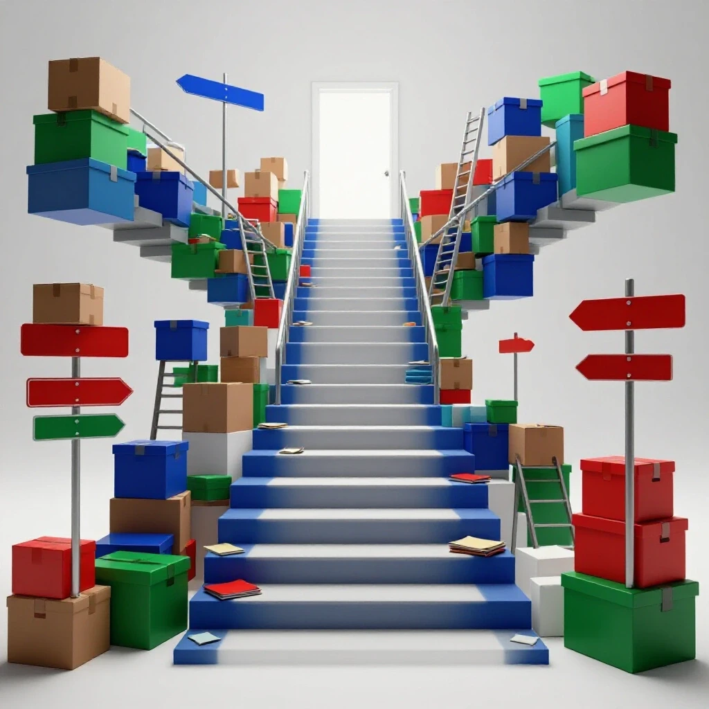 A vibrant, winding staircase made of mismatched objects leads toward a glowing doorway symbolizing career stability.